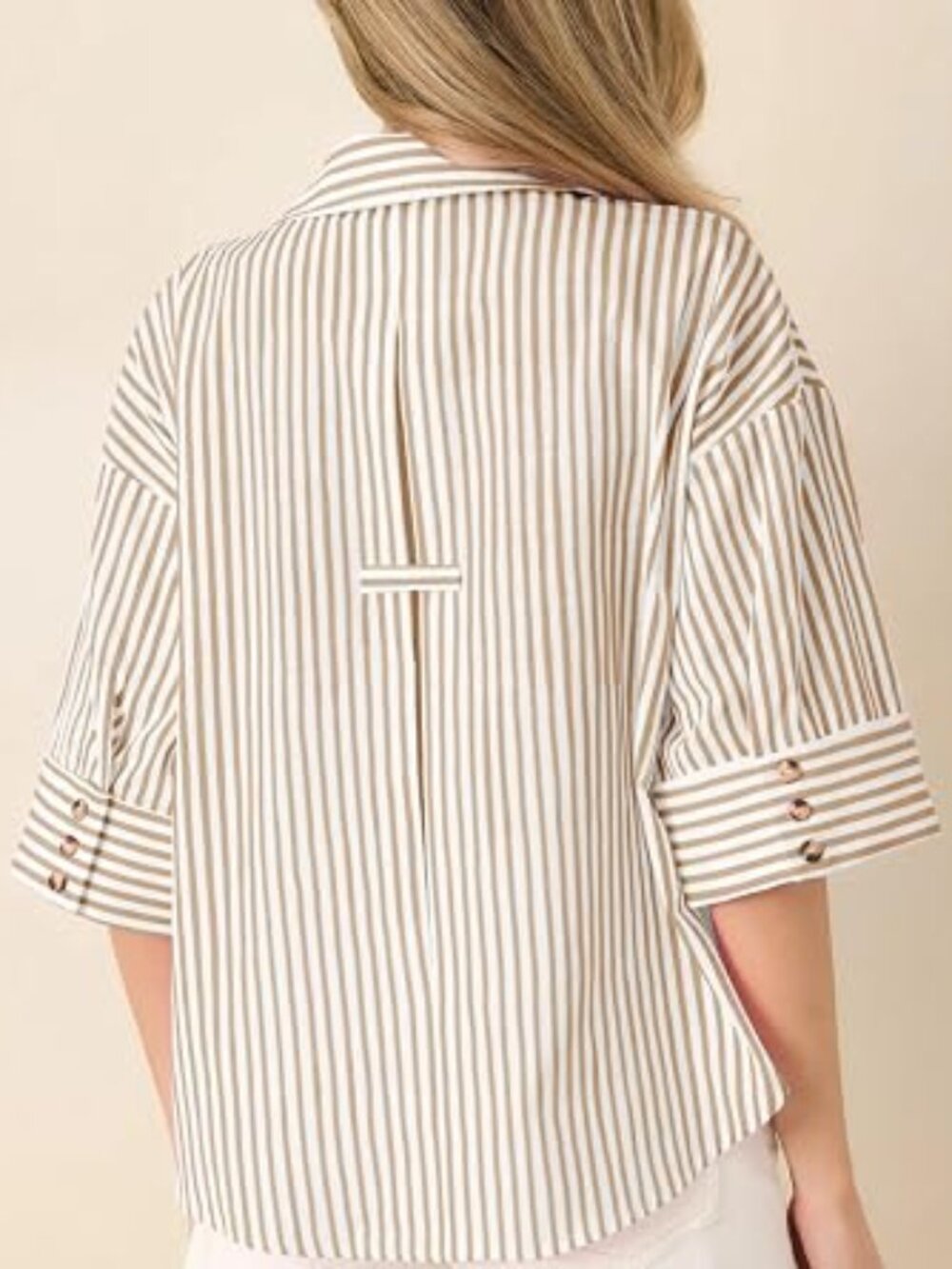 Watashi Women Striped Dressy Henley Shirt (L) Khaki